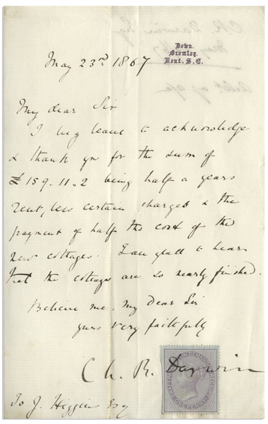 Charles Darwin Letter Signed From 1867